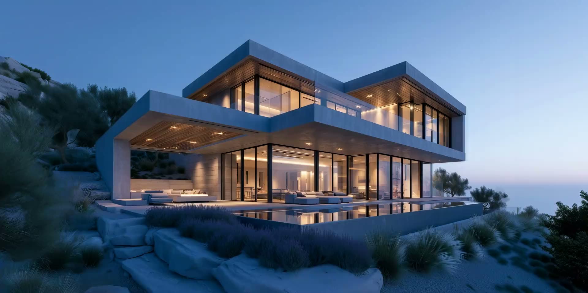 A contemporary hillside home at dusk, lit from within, above a still pool